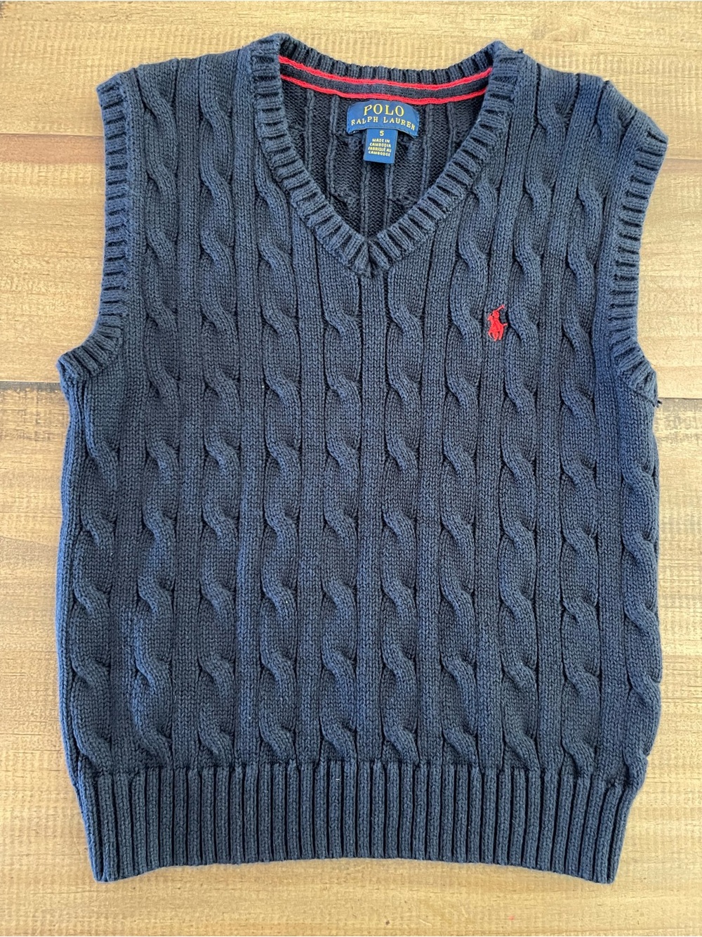 Polo by Ralph Lauren Navy Cable-Knit V-Neck Sweater Vest with Red Pony Logo